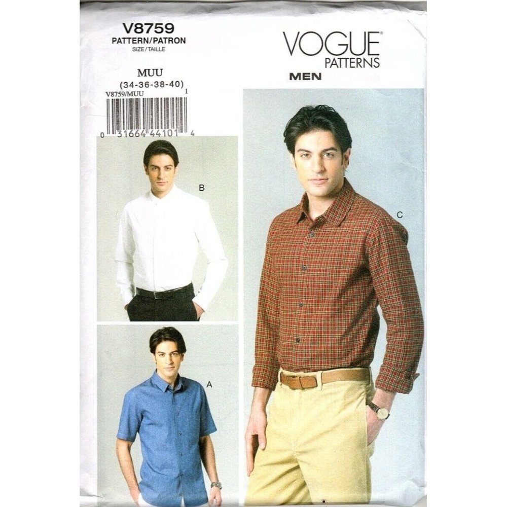 Vogue Men V8759 Mens 34 to 40 Button Up Dress Shirt Uncut Sewing Pattern